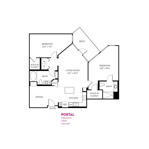 A black and white floor plan of a two bedroom apartment.