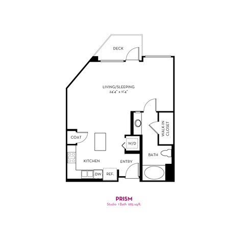 A floor plan of a one bedroom apartment with a living/sleeping area, kitchen, bathroom and entry.