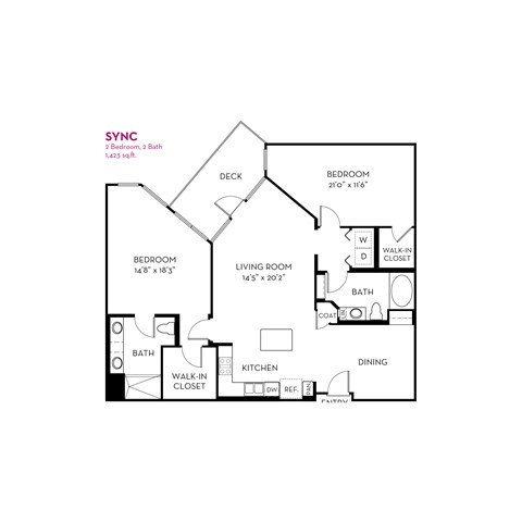 A black and white image of a SYNC 2 Bedroom, 2 Bath layout.