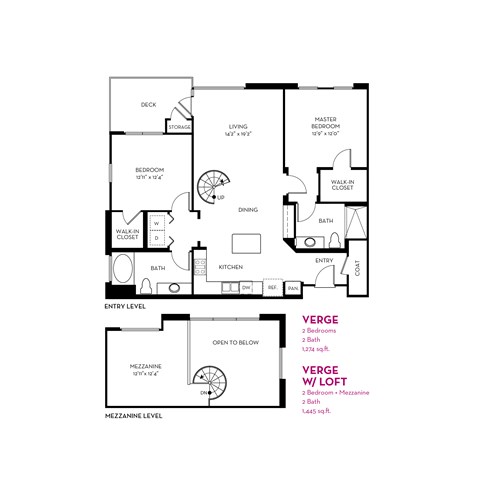 A floor plan of a Verge W/ Loft with two bedrooms, a living area, a kitchen, a bathroom, and a loft area.