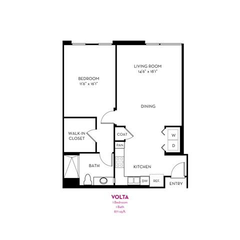 A black and white image of a floor plan for a VOLTA apartment.