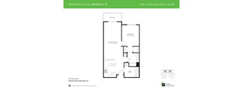 A floor plan for Residence 1B at Providence Place shows a bedroom, living area, and bathroom.