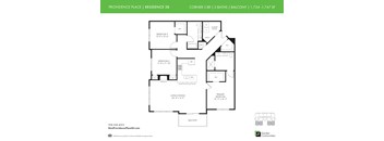 A floor plan for a residence at Providence Place shows two bedrooms, two bathrooms, a living/dining area, and a balcony.
