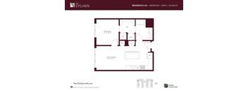 A floor plan for a one bedroom apartment at The Sylvan.
