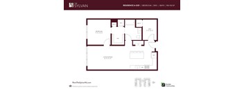 A floor plan for a one bedroom den apartment at The Sylvan.