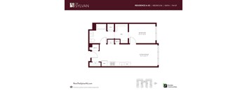 A floor plan for a residence at The Sylvan showing a bedroom, living/dining area, and bathroom.