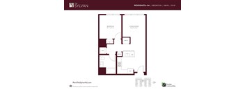 A floor plan for a 1 bedroom, 1 bathroom apartment at The Sylvan.