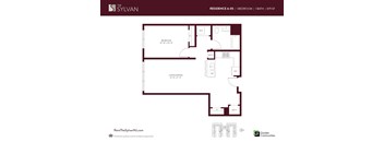 A floor plan for a one bedroom apartment at The Sylvan.