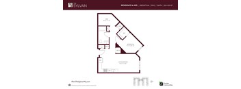 A floor plan for a one bedroom apartment at The Sylvan.