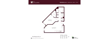 A floor plan for a one bedroom, one bath apartment at The Sylvan.