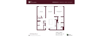 A floor plan for a 2 bedroom, 2 bathroom residence at The Sylvan.