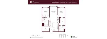 A floor plan for a 2 bedroom, 2 bathroom apartment at The Sylvan.