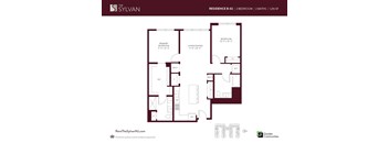 A floor plan for a 2 bedroom, 2 bathroom residence at The Sylvan.