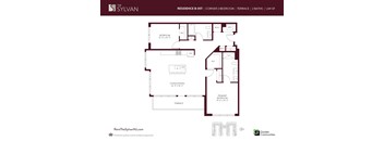 A floor plan for a residence at The Sylvan, showing a living room, two bedrooms, a terrace, and a bathroom.