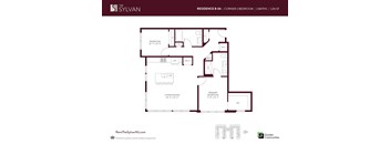 A floor plan for a rental property at The Sylvan, showing a living and dining area, two bedrooms, and two bathrooms.