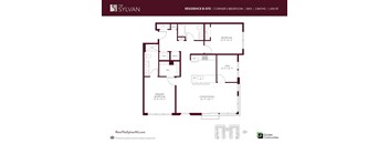 A floor plan for a residence at The Sylvan showing a living room, dining room, and two bedrooms.