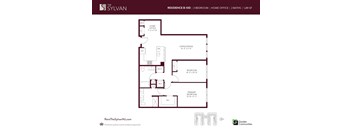 A floor plan for a residence with a home office and two bedrooms.