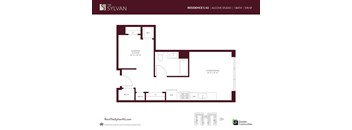 A floor plan for a residence at The Sylvan showing a bedroom, living room, and bathroom.