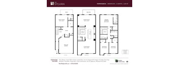 A floor plan for a townhome with three bedrooms and three bathrooms is displayed.