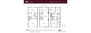 A floor plan for a three bedroom, three bathroom townhouse.