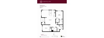 A floor plan for a residence at main shows a living room, dining room, two bedrooms, a bathroom, a balcony, and a kitchen.