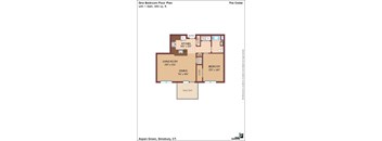 A floor plan of a one bedroom apartment with a living room, dining room, kitchen, and balcony.