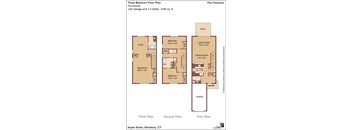 A floor plan for a three bedroom townhouse with garage and two and a half baths.