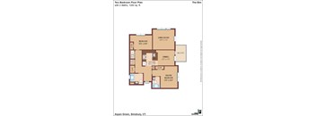 A floor plan of a two bedroom apartment with a living room, dining room, kitchen, and two bathrooms.