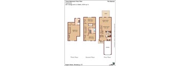 A floor plan for a three bedroom townhouse with a garage and two bathrooms.