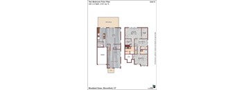 A floor plan of a two bedroom apartment with a garage.