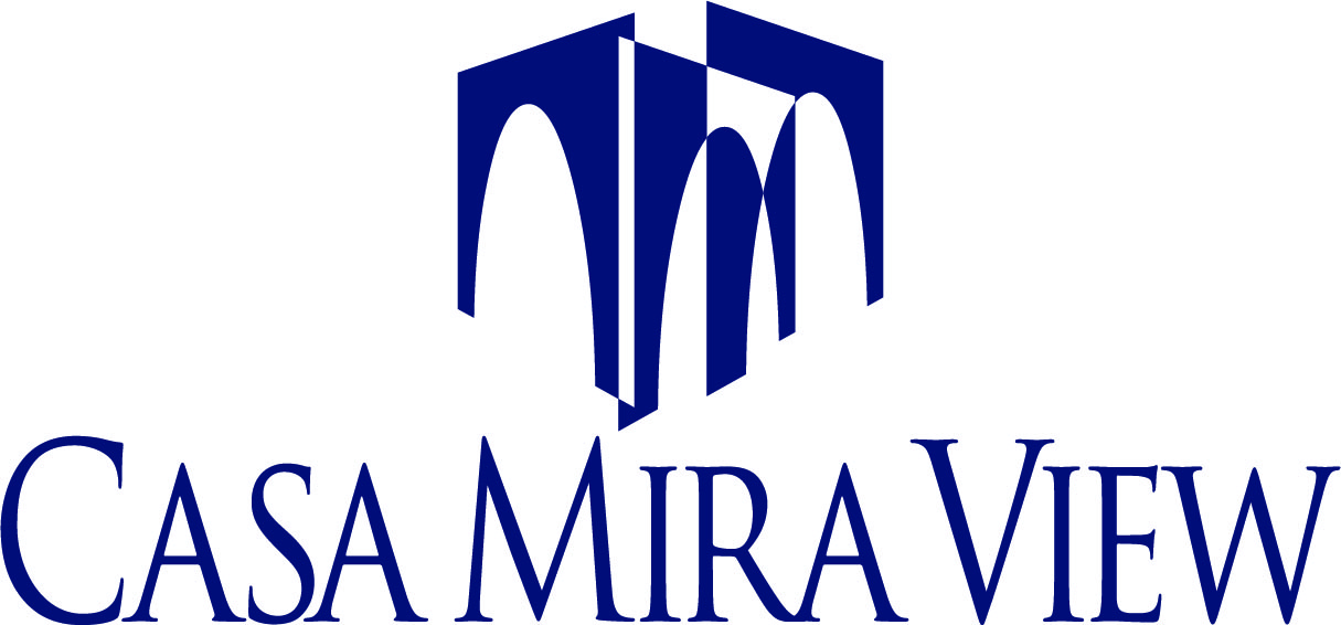 The image is a logo for "Casa Mira View" with a stylized letter "M" in the background.