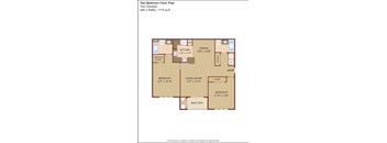 A floor plan of a two bedroom apartment with a living room, dining room, kitchen, and bathrooms.
