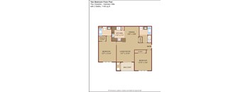A floor plan of a two bedroom apartment with a living room and a kitchen.