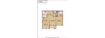 A floor plan of a two bedroom apartment with a living room, kitchen, dining area, and bathrooms.