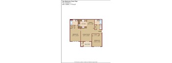 A floor plan of a two bedroom apartment with a living room, two bedrooms, a kitchen, a dining room, and a balcony.