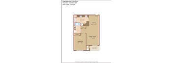 A floor plan of a one bedroom apartment with a living room, bedroom, kitchen and bathroom.