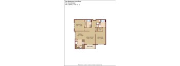 A floor plan of a two bedroom apartment with a living room, dining room, kitchen, and balcony.