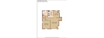 A floor plan of a one bedroom apartment with a living room, bedroom, kitchen, and bathroom.