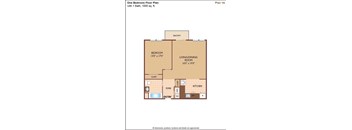 A floor plan of a one bedroom apartment with a bathroom, living/dining room, kitchen, and foyer.