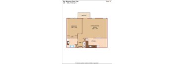 A floor plan of a one bedroom apartment with a living/dining room, kitchen, and bathroom.