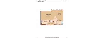 A floor plan of a one bedroom apartment with a living room, kitchen, bathroom, and bedroom.