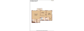 A floor plan of a two bedroom apartment with a living room, kitchen, and bathrooms.