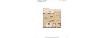 A diagram of a two bedroom floor plan with a living room, dining area, kitchen, and bathrooms.