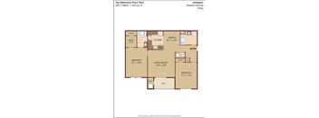 A floor plan of a two bedroom apartment with a living room, dining room, kitchen, and two bathrooms.