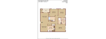 A floor plan of a three bedroom apartment with two bathrooms.