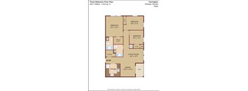 A floor plan of a three bedroom apartment with two bathrooms.