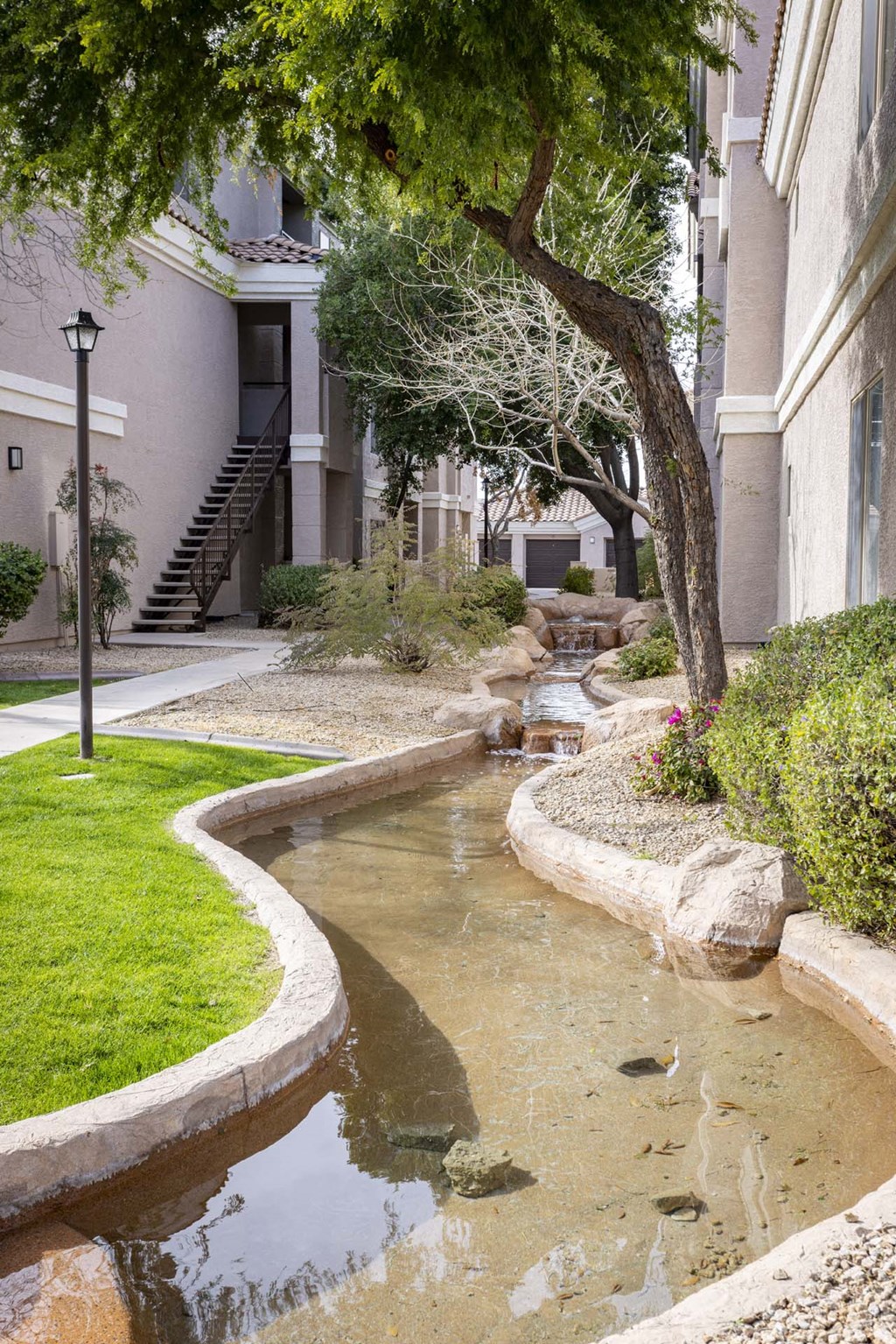 A small pond with rocks and a tree in front of a building.at Vintage at Scottsdale, SCOTTSDALE, AZ