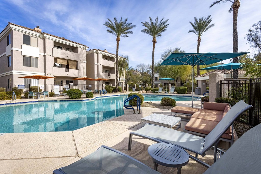 A pool surrounded by sun loungers and palm trees.at Vintage at Scottsdale, SCOTTSDALE, 85260