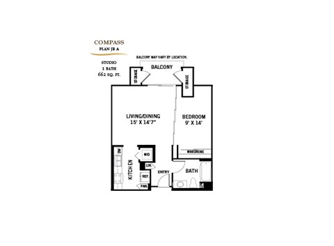 A floor plan of a living space with a bedroom, bathroom, and kitchen.