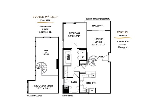 A floor plan for a studio loft/den and a one bedroom apartment.